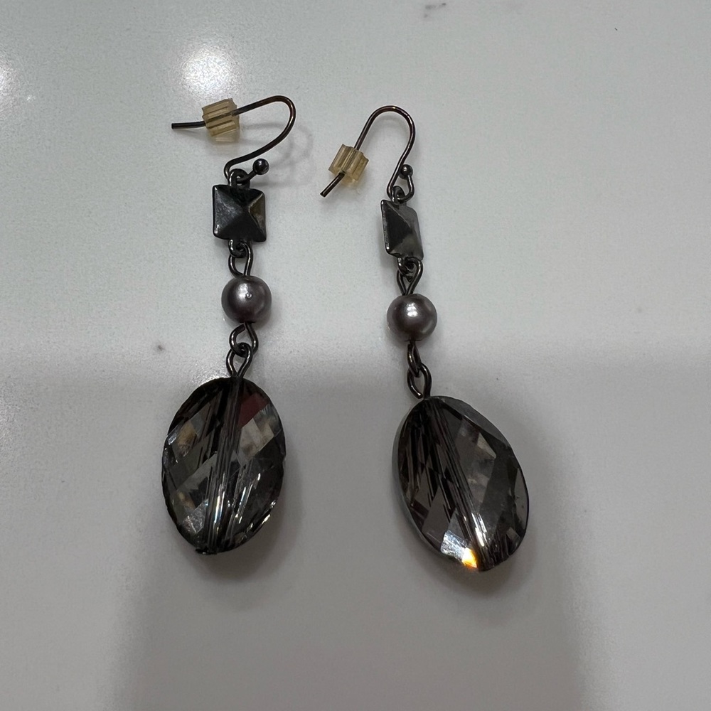 Express Graphite Pewter Silver Back Painted Crystal Metal Drop Earrings
